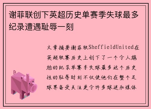 谢菲联创下英超历史单赛季失球最多纪录遭遇耻辱一刻