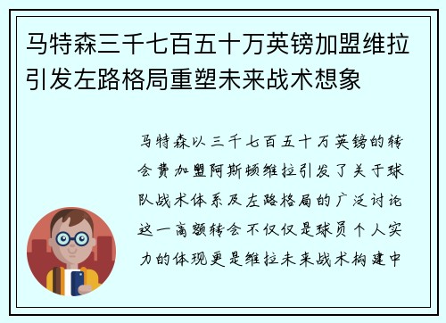 马特森三千七百五十万英镑加盟维拉引发左路格局重塑未来战术想象